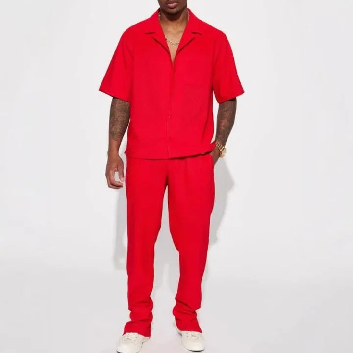 Fashion Mens Solid Color 2 Piece Suits Streetwear Trendy Loose Short Sleeve Lapel Shirt and Pants Outfits Men Summer Casual Sets