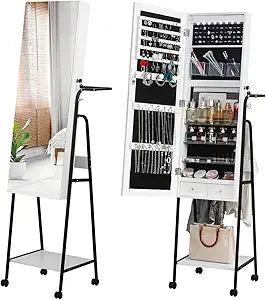 360° Swivel Jewelry Armoire with Full Length Mirror, Slide Jewelry Cabinet Rotating Freestanding Jewelry Organizer with Coat Ra