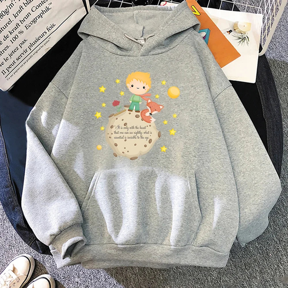 Little Prince and Fox Hoodies Women Casual Sweatshirts Kawaii Cartoon Printing Hoody Cute Clothes for Girls Graphic Hooded Tops