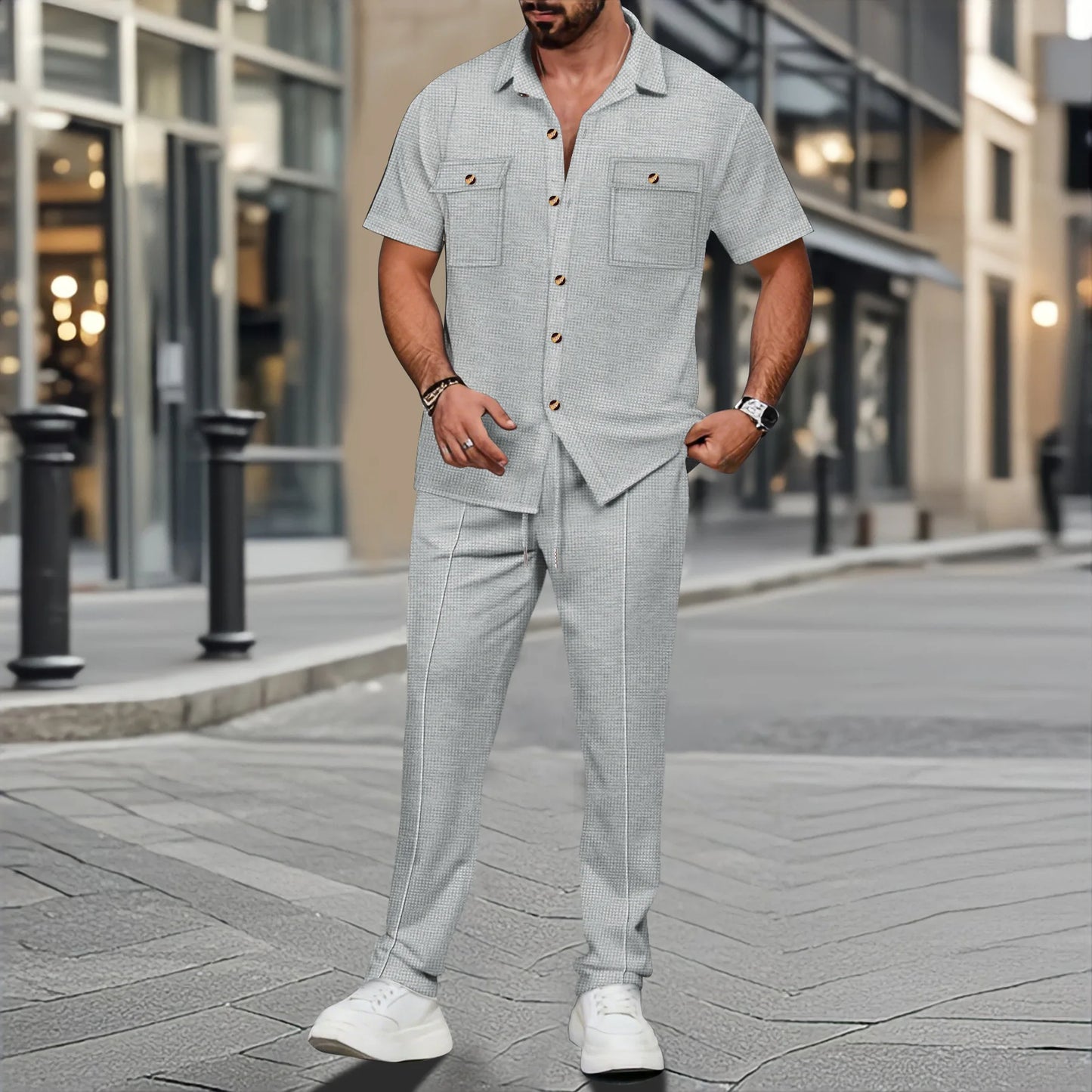 2025 New solid color button pocket shirt short sleeve trousers waffle check two-piece set, outdoor travel set spring and summer