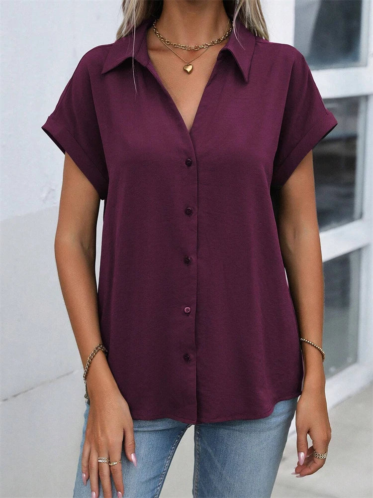 Classic Solid Color Short-sleeved Shirt Women's Summer New Casual Wind Tie Buckle Slim Short-sleeved Shirt Flip Collar Blouse