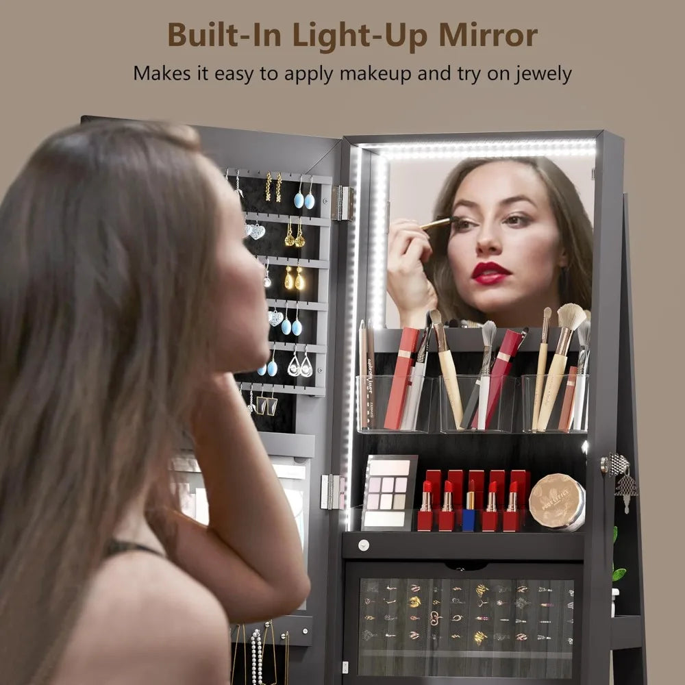 Mirror Jewelry Cabinet Standing, 360° Swivel Jewelry Armoire with Full Length Mirror, Lockable Mirror with Jewelry Storage