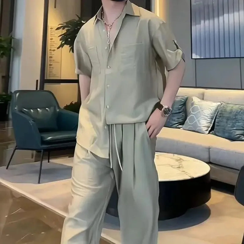 Shirts Pants Suits for Men No Logo Khaki Slim Fit Korean Two Piece Set Cool Style 2025 Trends Costumes Loose Man Trousers Sets