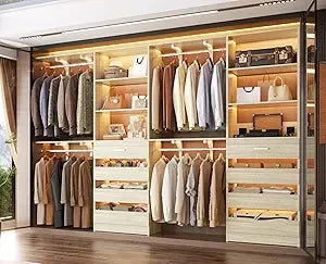Closet System with 8 Wooden Drawers, Wood Closet Organizer System with Tower, Walk-in Closet Organizer Wardrobe Clothes Rack wi