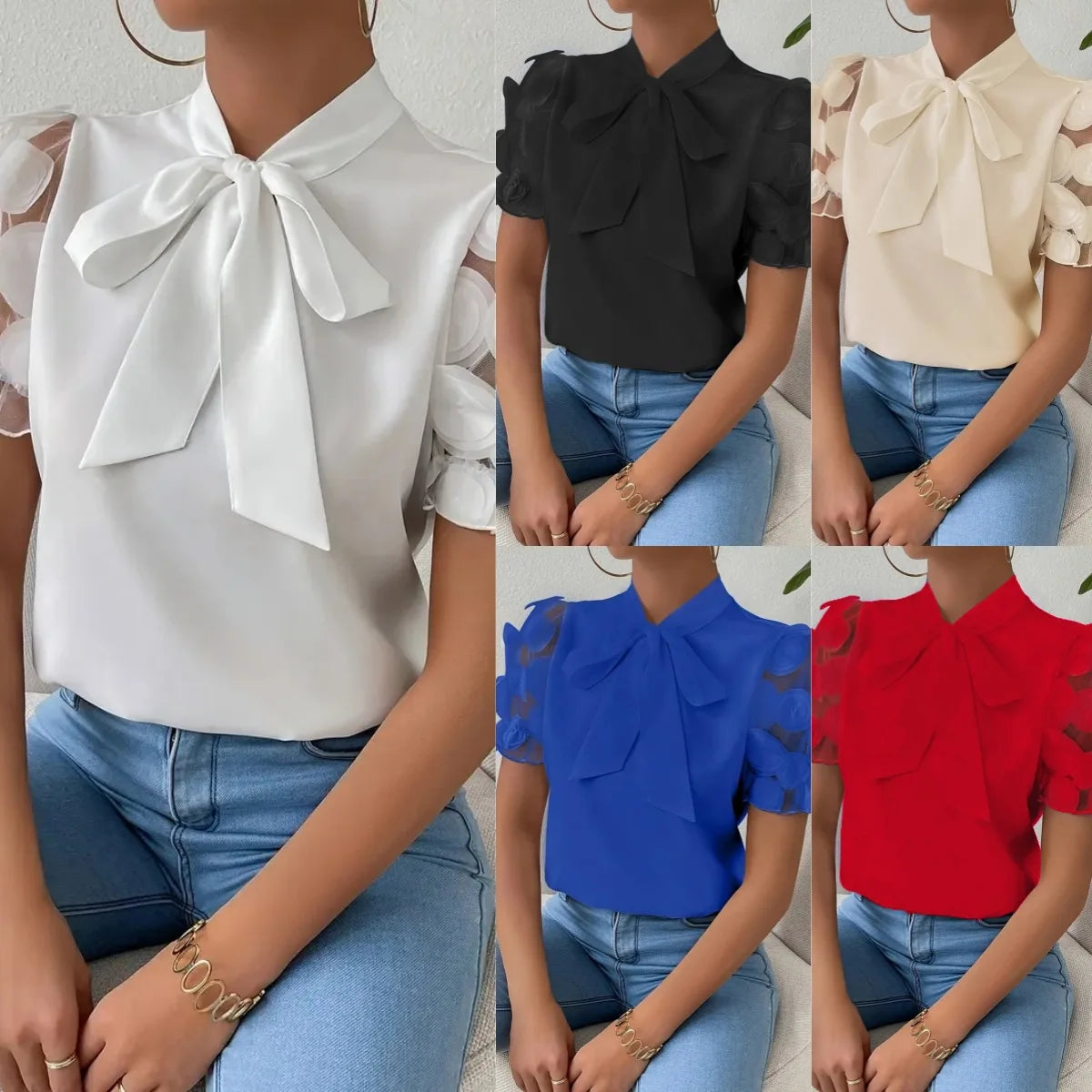 Summer Short Sleeve Blouses For Women 2025 Fashion Loose Bow O-neck White Tops Casual Ladies Shirts Elegant