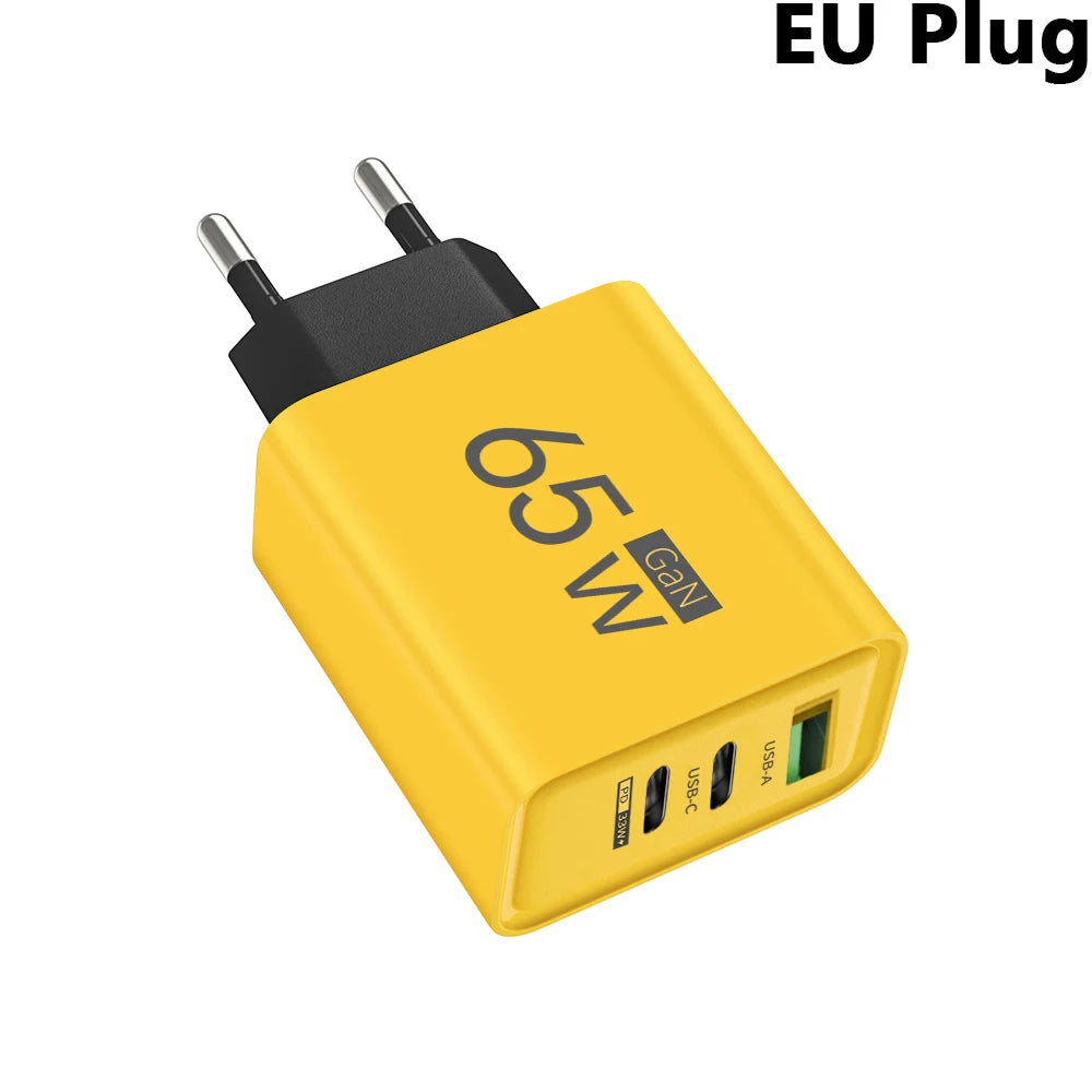 GaN 65W USB C Charger 3 Port PD Quick Charge Wall Plug Adapter For iPhone 15 14 Samsung Xiaomi Huawei EU US Travel Fast Charger