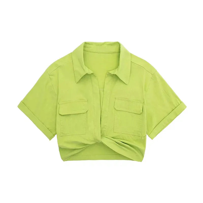 Women Safari Style Pockets Patch Knotted Linen Short Smock Blouse Lady Chic Kimono Cropped Shirt Blusas Tops