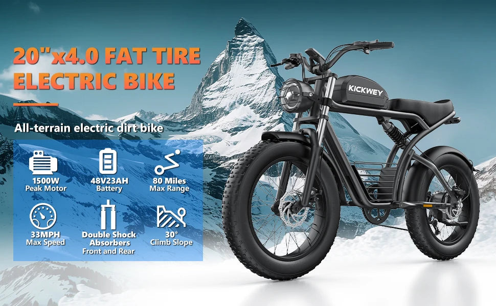 Kickwey K7 Adult Electric Bicycle 1500w 48V 23ah Mountain Electric Bike 20 Inch Fat Tire Outdoor Entertainment Off Road E Bike