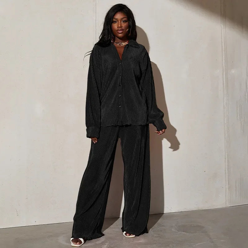 CM.YAYA Street Women's Set Long Sleeve Shirt Tops and Wide Leg Pants Elegant Tracksuit Two Piece Set Sweatsuit Fitness Outfits