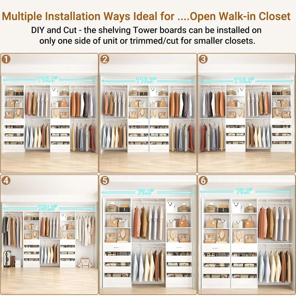 Closet System with 8 Wooden Drawers, Wood Closet Organizer System with Tower, Walk-in Closet Organizer Wardrobe Clothes Rack wi