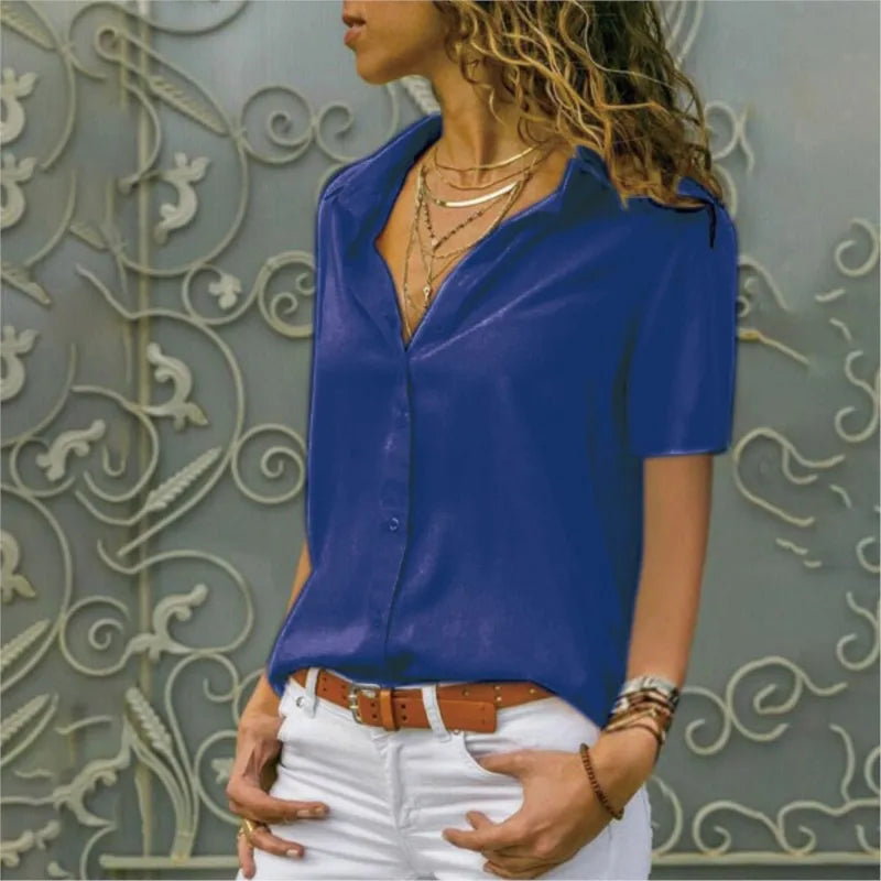 Women's Solid Color V-neck Button Short Sleeved Shirt Office Lady Red Solid Cardigan Blouse Tops Femme Blusas Camicie