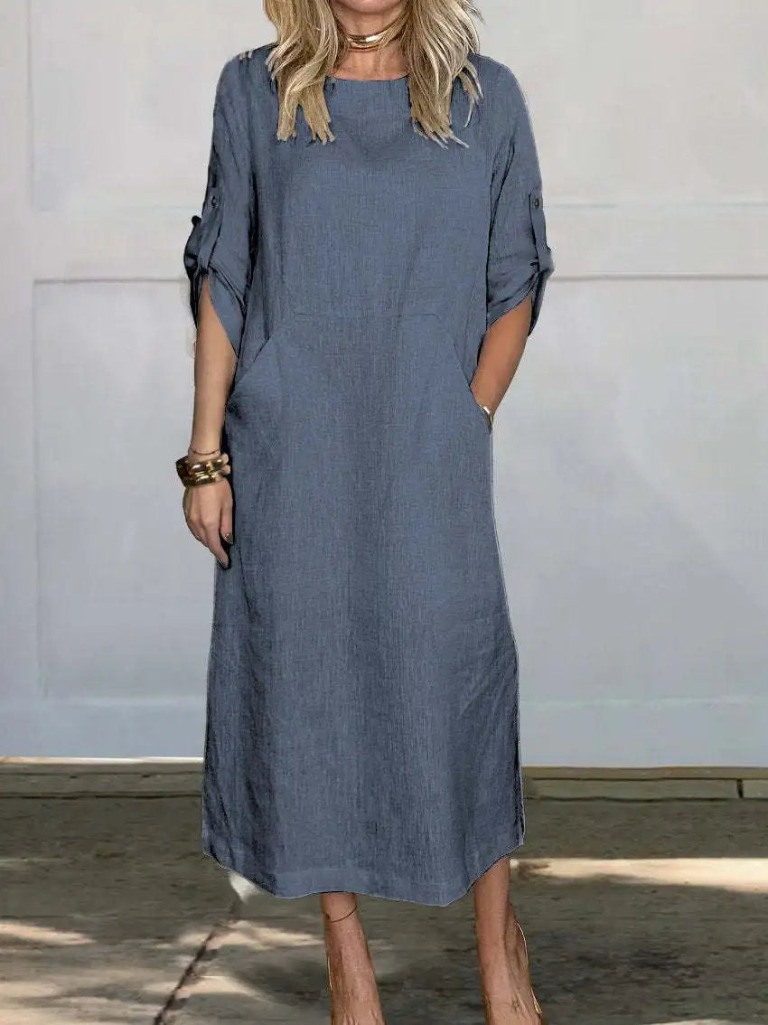 New Women's Clothing Loose Casual Solid Color Short Sleeved Cotton Linen Fashionable Button With Pocket Dress