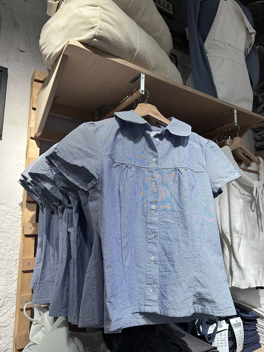 Blue Striped Short Sleeve Blouse Women Summer Peter Pan Collar Single Breasted Top Shirt Preppy Style Sweet Blouses Y2k 2025 New