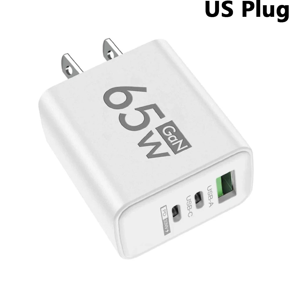 GaN 65W USB C Charger 3 Port PD Quick Charge Wall Plug Adapter For iPhone 15 14 Samsung Xiaomi Huawei EU US Travel Fast Charger