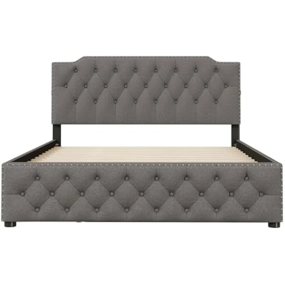 Queen Size Upholstered Platform Bed, Solid Wood Bedframe Linen Fabric with Twin Size Trundle and 2 Sets of USB Ports, Wooden Que