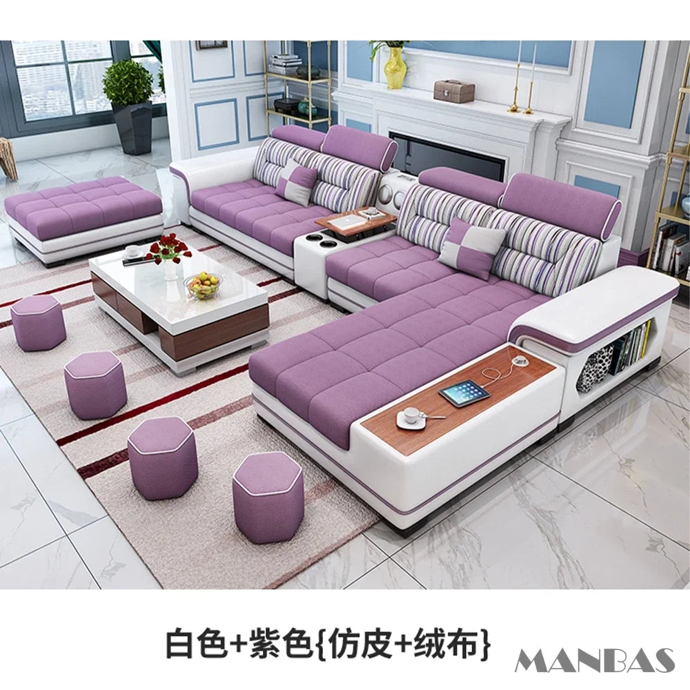 Big U-Shape Coth Living Room Sofa Sets with USB, Speaker, Stools, Bluetooth - MANBAS Fabric Sectional Sofas for Home Furniture