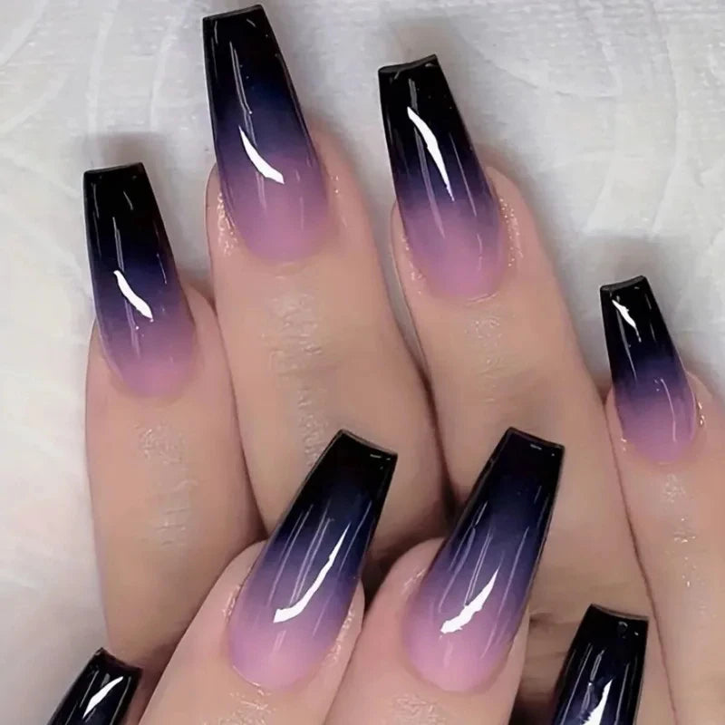 24 Pcs Coffin Square Artificial Fake Nails with Glue Press on Nails with Full Set Tools Long Purple Blue Gradient False Nails