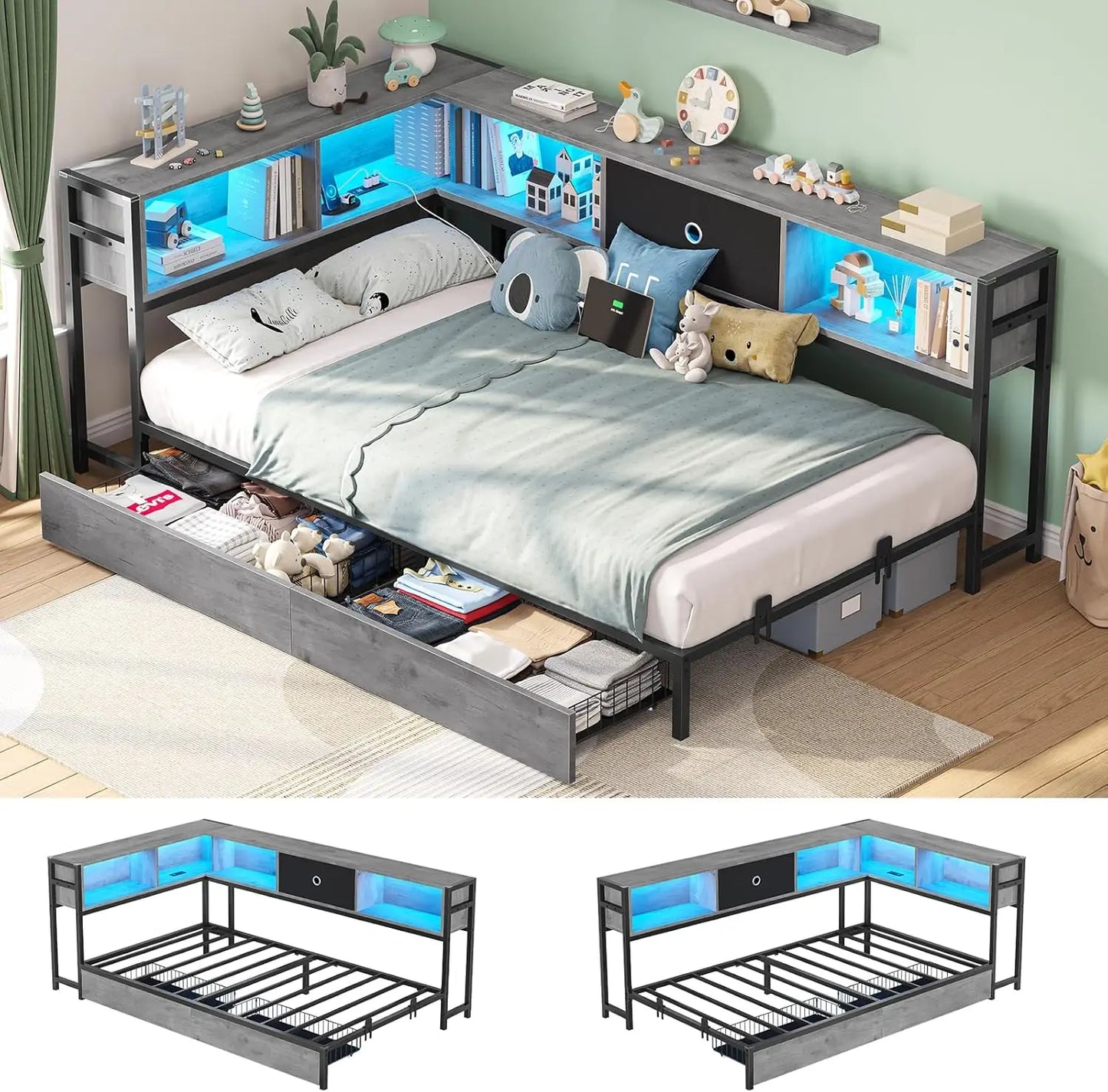 Hasuit Corner Bed Frame with Storage Bookcase, Twin Daybed with Storage Drawers Underneath, Kids Bed Unit with Charging