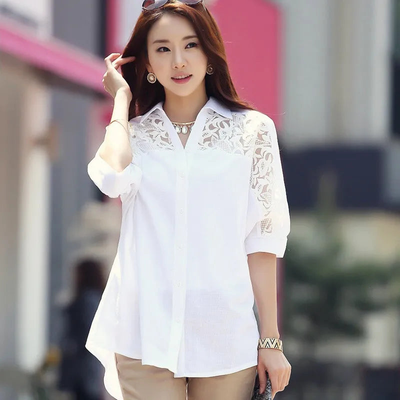 Sexy Lace Patchwork White Chiffon Button Up Shirt for Women Summer Casual Simple Loose Half Sleeve Ladies Tops Blouses Clothing