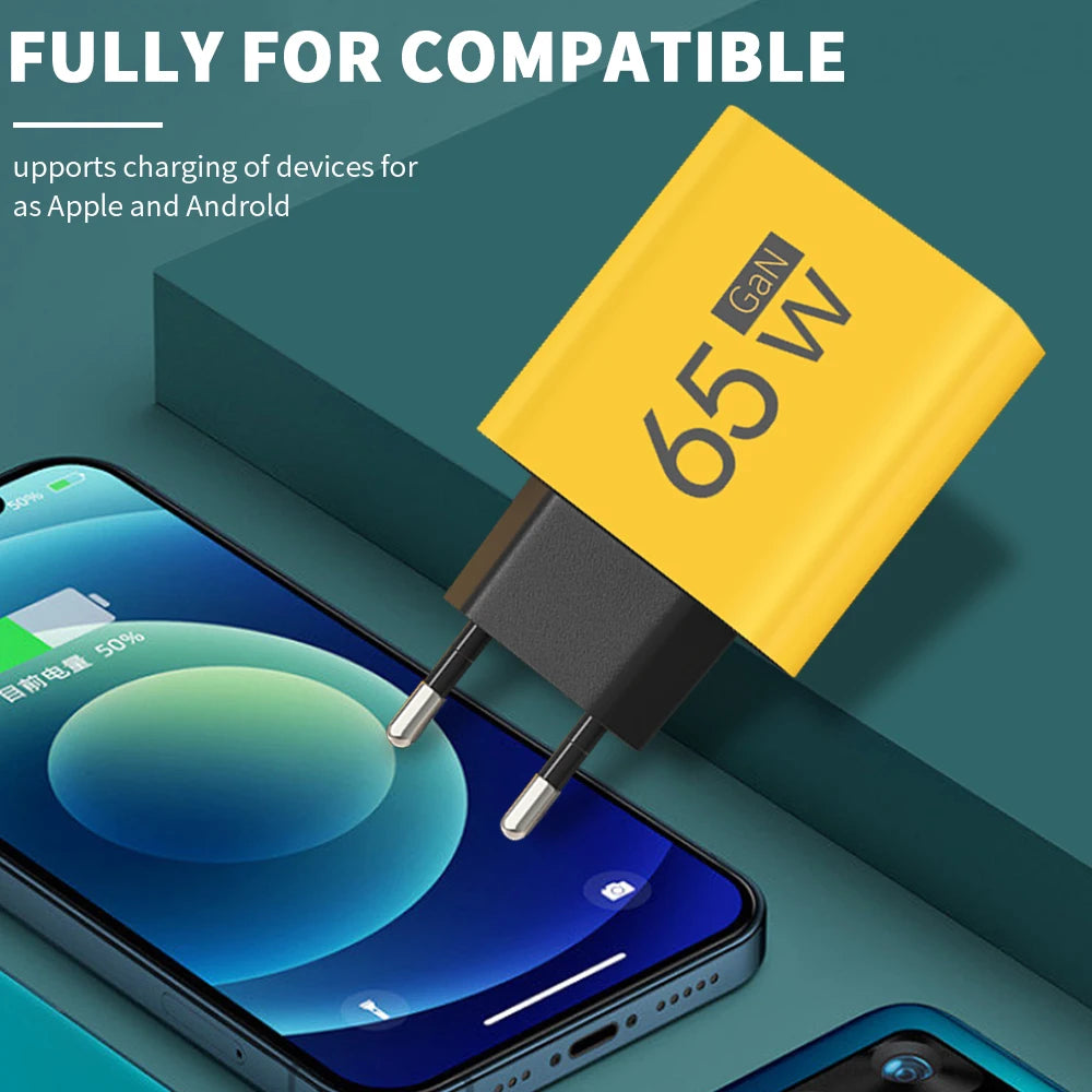 GaN 65W USB C Charger 3 Port PD Quick Charge Wall Plug Adapter For iPhone 15 14 Samsung Xiaomi Huawei EU US Travel Fast Charger