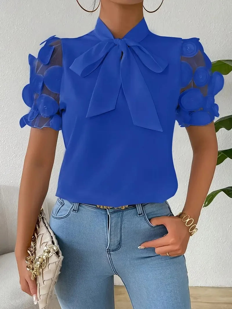 Summer Short Sleeve Blouses For Women 2025 Fashion Loose Bow O-neck White Tops Casual Ladies Shirts Elegant