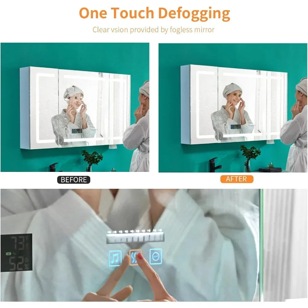 LED Medicine Cabinet with Smart Mirror, 48" Wide Bathroom Medicine Cabinet with Bluetooth& Speaker, Clock, Room Temp Display, D