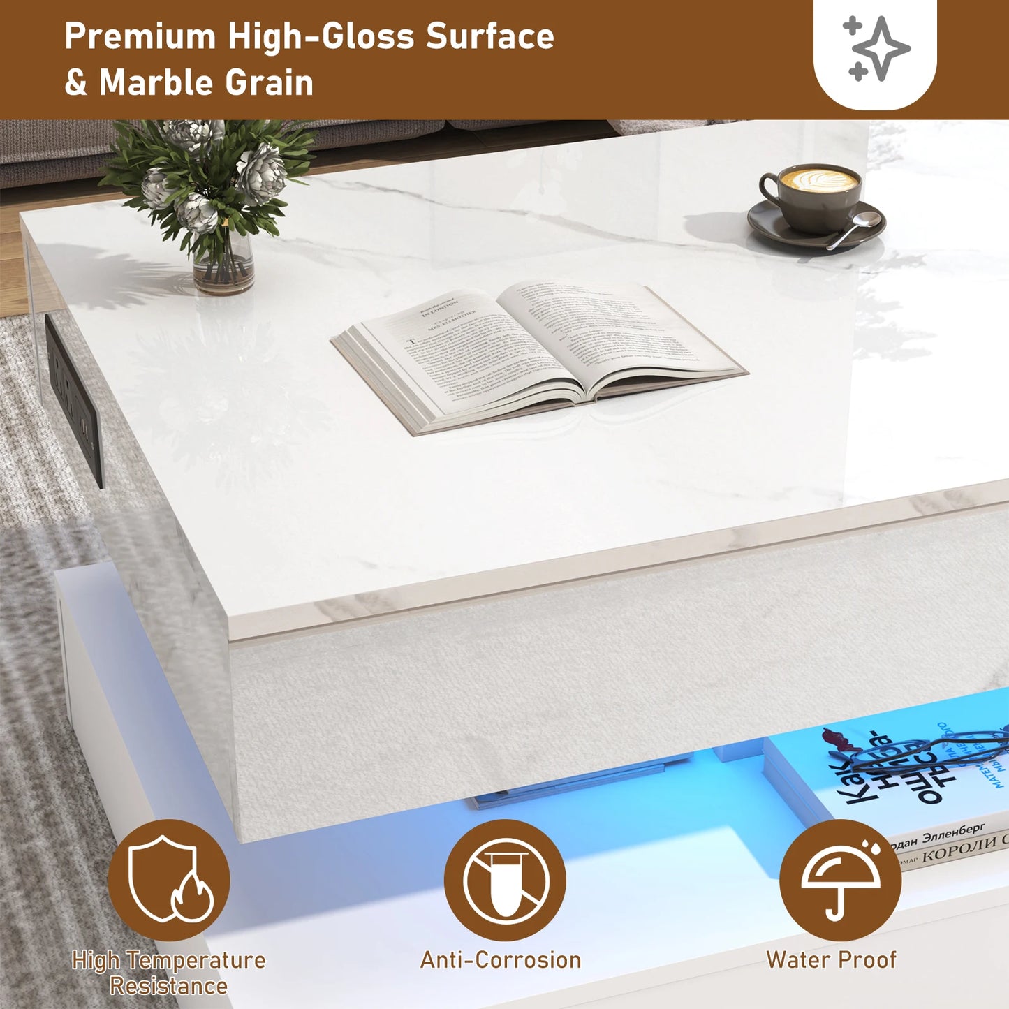 High Glossy LED Coffee Tables for Living Room, Center Table with Open Display Shelf & Large Storage Space, White Coffee Table
