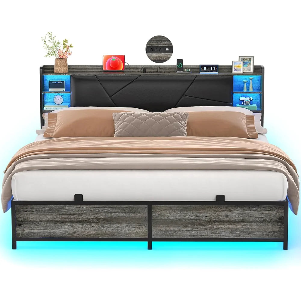 LED King Size Bed Frame with Charging Outlets & Sturdy Bed W/Upholstered Headboard, Heavy Duty Metal Slats, No Box Spring Needed