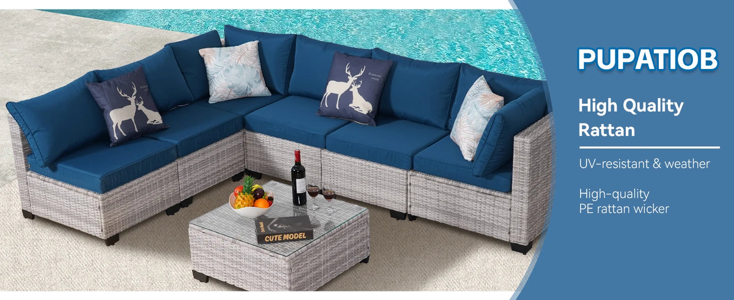NAGA BAHNA Outdoor Patio Furniture, 7 Piece Outdoor Sectional Sofa PE Rattan Wicker Patio Conversation Sets with Thick Cushions