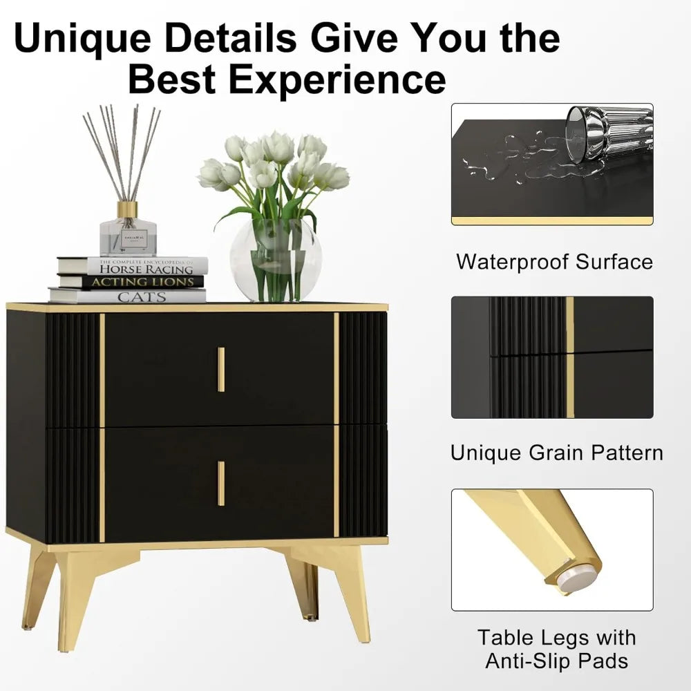 Nightstands Set of 2, Wood Bedside Table with 2 Drawers, End Table with Striped Surface Metal Handle Legs