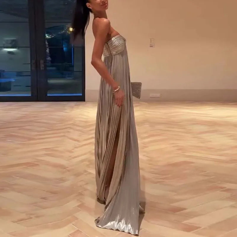 Sexy Strapless Kink Elegant Party Dresses Woman Chic Solid High Waist Pleated Maxi Dress Summer Backless Hollow Split Long Dress