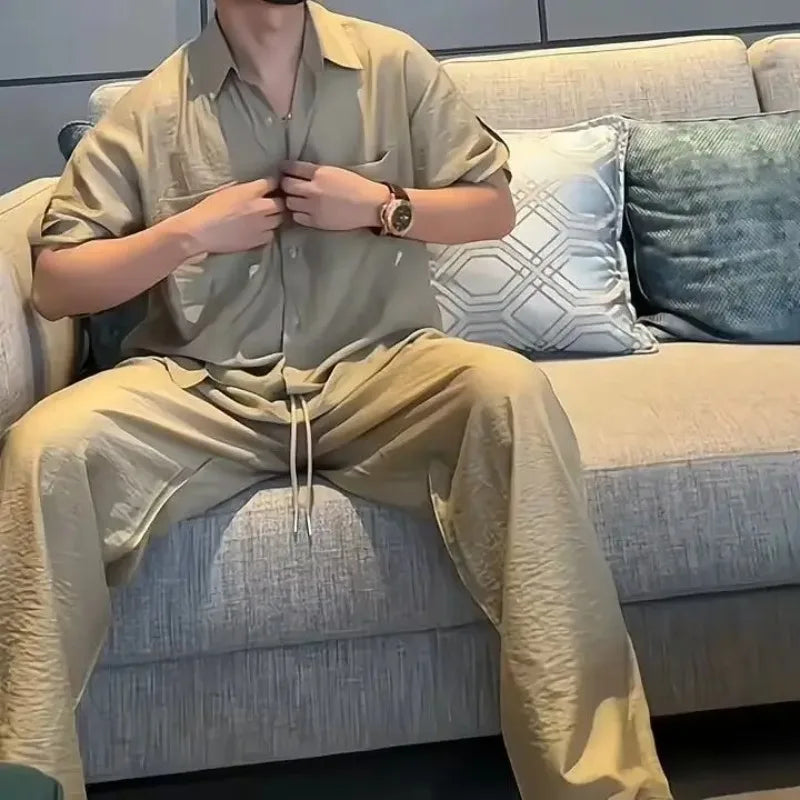 Shirts Pants Suits for Men No Logo Khaki Slim Fit Korean Two Piece Set Cool Style 2025 Trends Costumes Loose Man Trousers Sets
