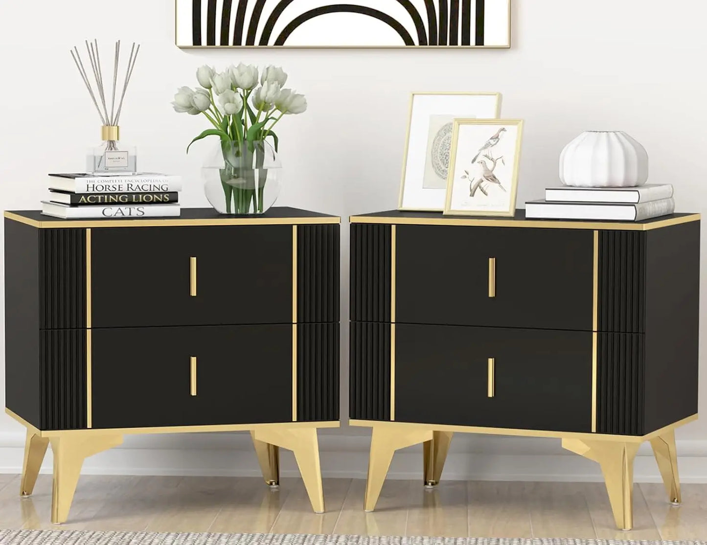 Nightstands Set of 2, Wood Bedside Table with 2 Drawers, End Table with Striped Surface Metal Handle Legs