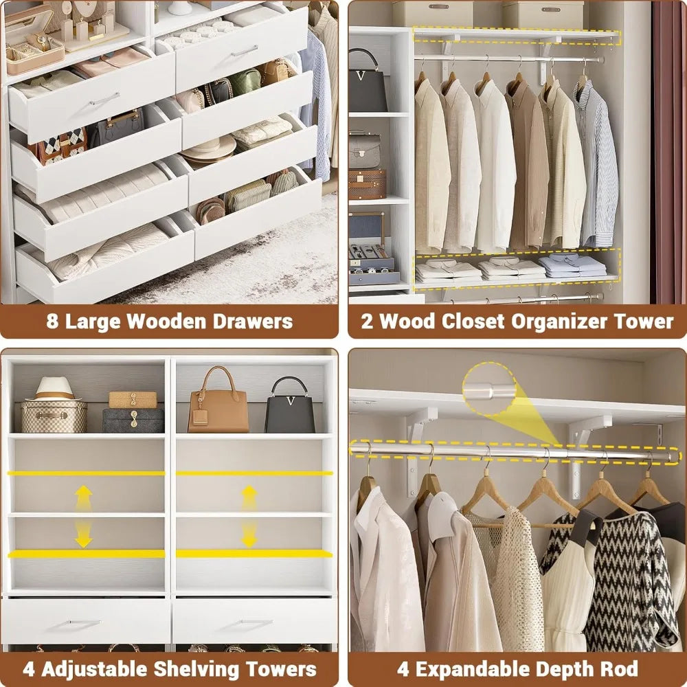 Closet System with 8 Wooden Drawers, Wood Closet Organizer System with Tower, Walk-in Closet Organizer Wardrobe Clothes Rack wi
