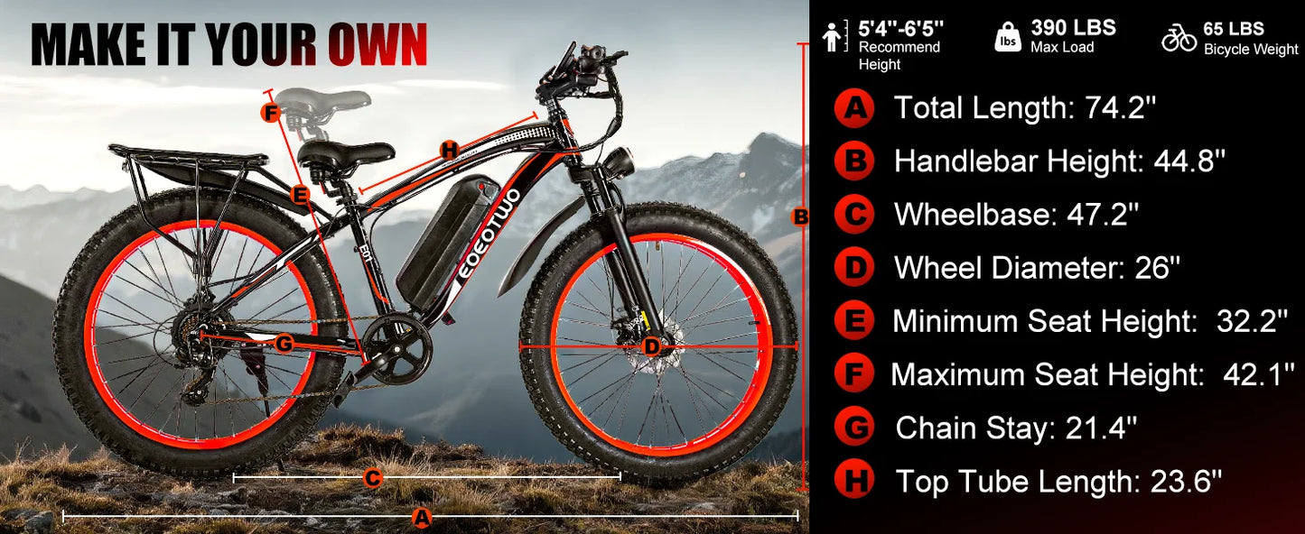 Electric Bike Adults 1500W Peak Motor 34Mph Electric Bicycle 26" Fat Tire Mountain Bike 60Mile Range 48V 15AH Electric Dirt Bike