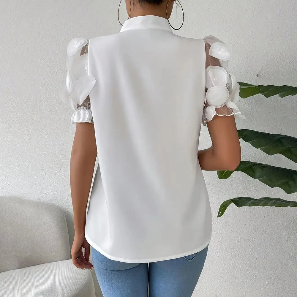 Summer Short Sleeve Blouses For Women 2025 Fashion Loose Bow O-neck White Tops Casual Ladies Shirts Elegant