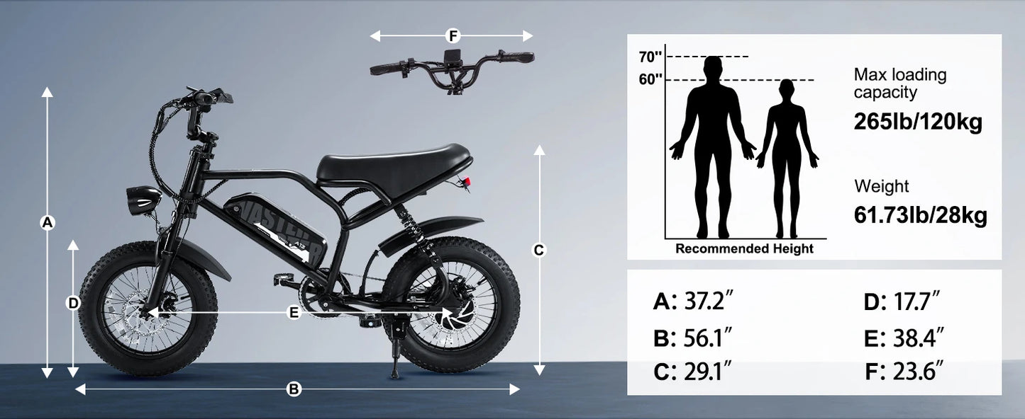 VDL Mountain Electric Bike , 16" Fat Tire Ebike, Wider Seat 800W Peak Motor, Removable Battery, Front Fork Suspension