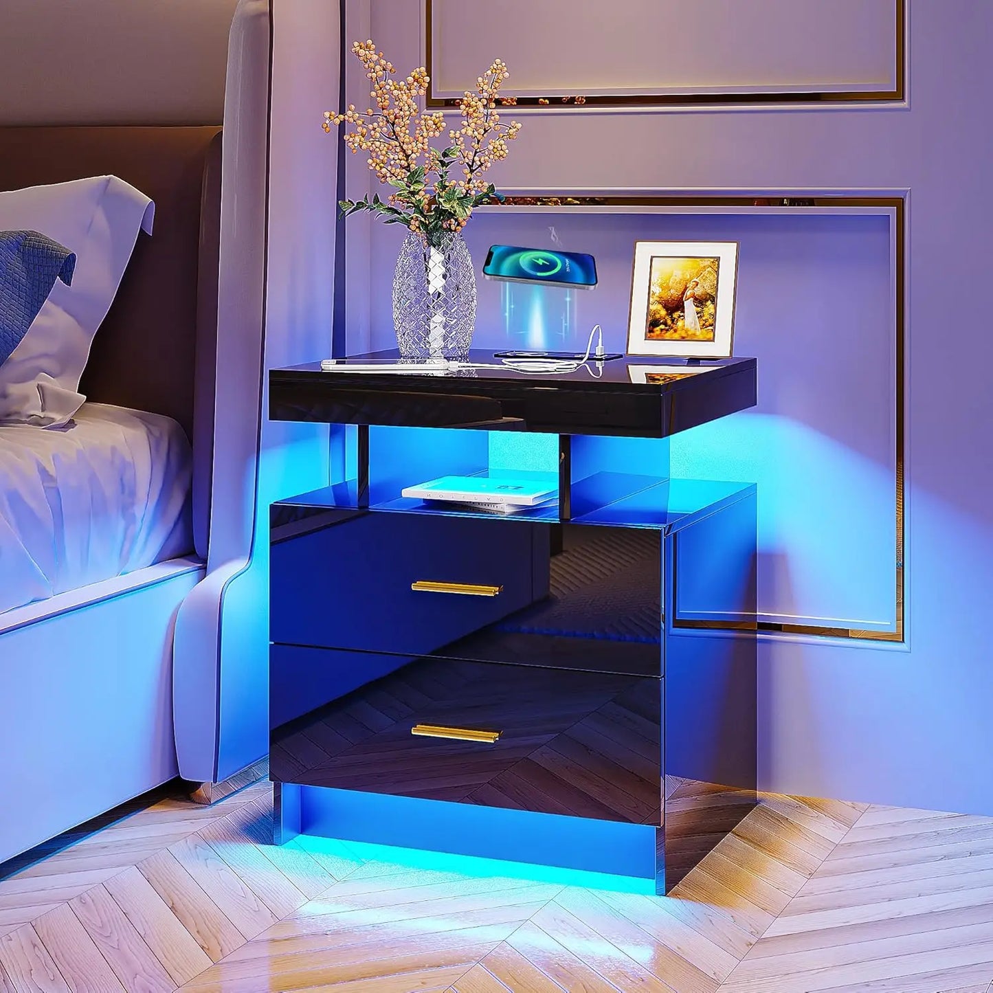 LED Nightstand with Charging Station High Gloss Bedside Table with 2 Drawers, Smart Night Stand with Auto Sensor Lights