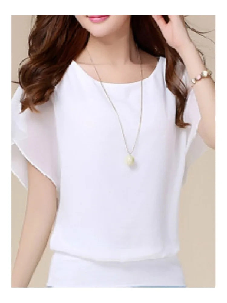 New Summer O Neck Short Sleeve Loose Fashion Chiffon Shirt For Women Top Black Casual Shirts Women Clothes 2025
