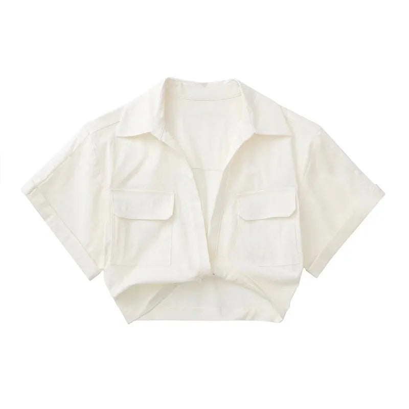 Women Safari Style Pockets Patch Knotted Linen Short Smock Blouse Lady Chic Kimono Cropped Shirt Blusas Tops