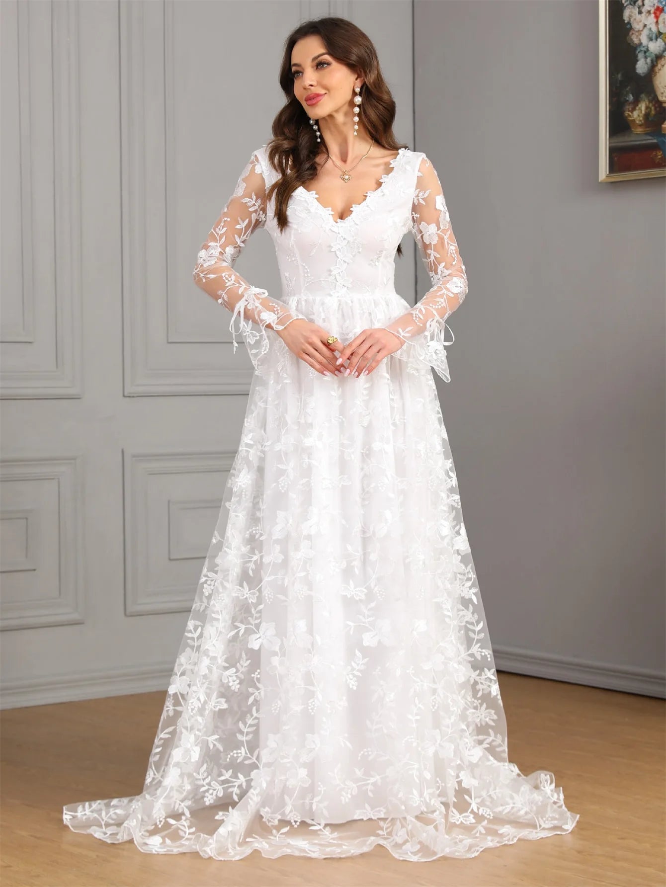 Ladies New Elegant Wedding Dress Autumn Long Sleeve Solid Color High end Wedding Dress Festival Party Evening Dress