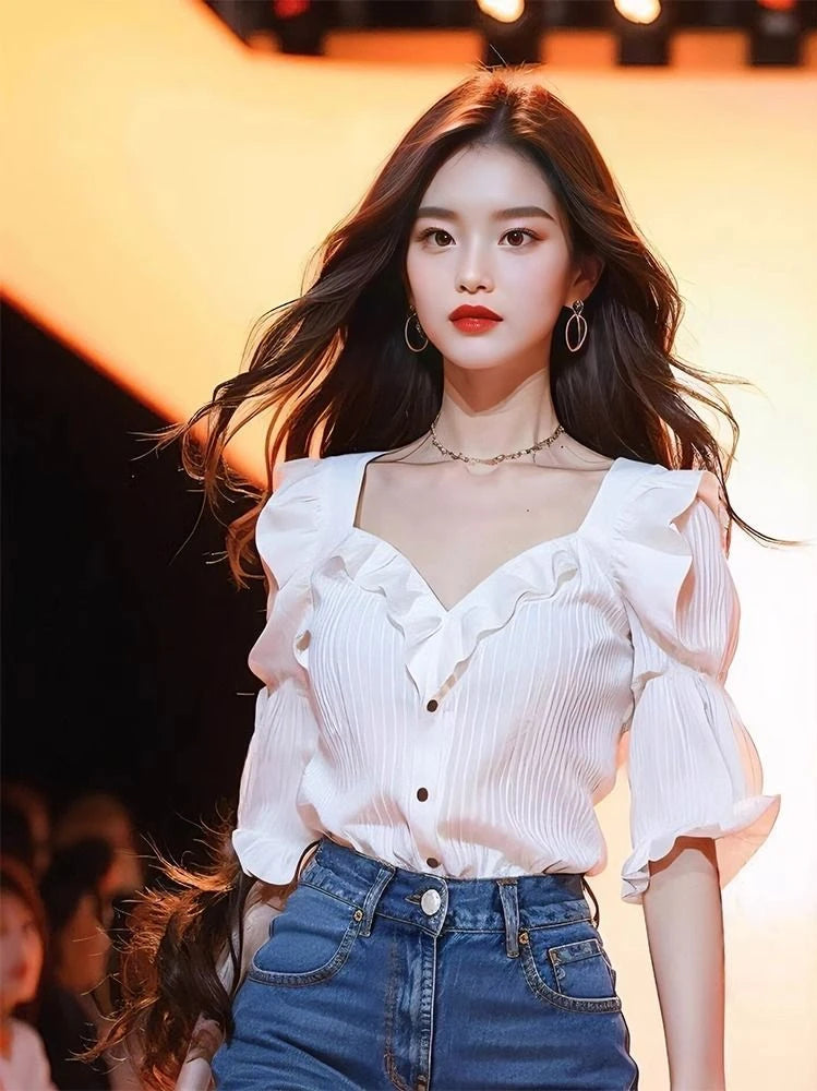 French Elegant Shirts V Neck Puff Sleeve Solid Color Ruffles Patchwork Single Breasted Blouses Summer All Match Women's Clothing