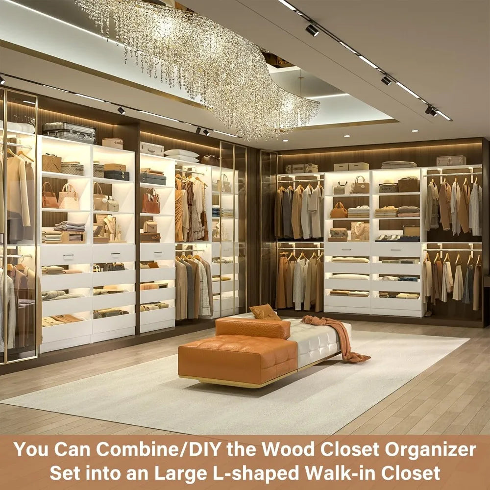 Closet System with 8 Wooden Drawers, Wood Closet Organizer System with Tower, Walk-in Closet Organizer Wardrobe Clothes Rack wi