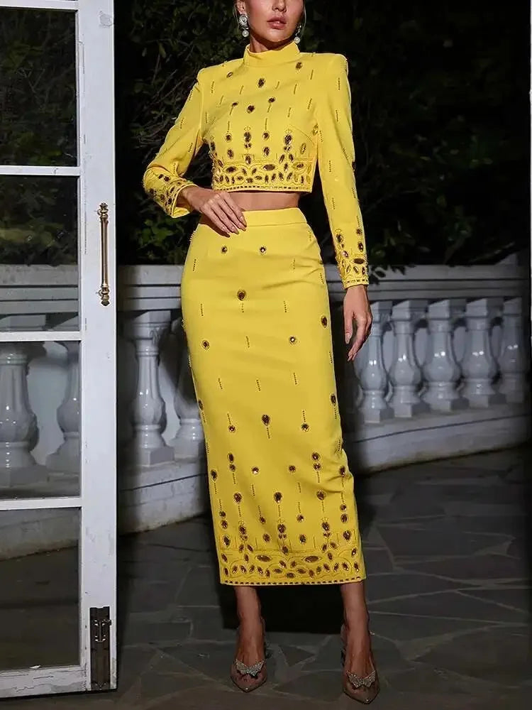 TWOTWINSTYLE Women's New High Waist Line Skirt Set Solid Spliced Diamonds Two Piece Stand Collar Long Sleeve Tops Short