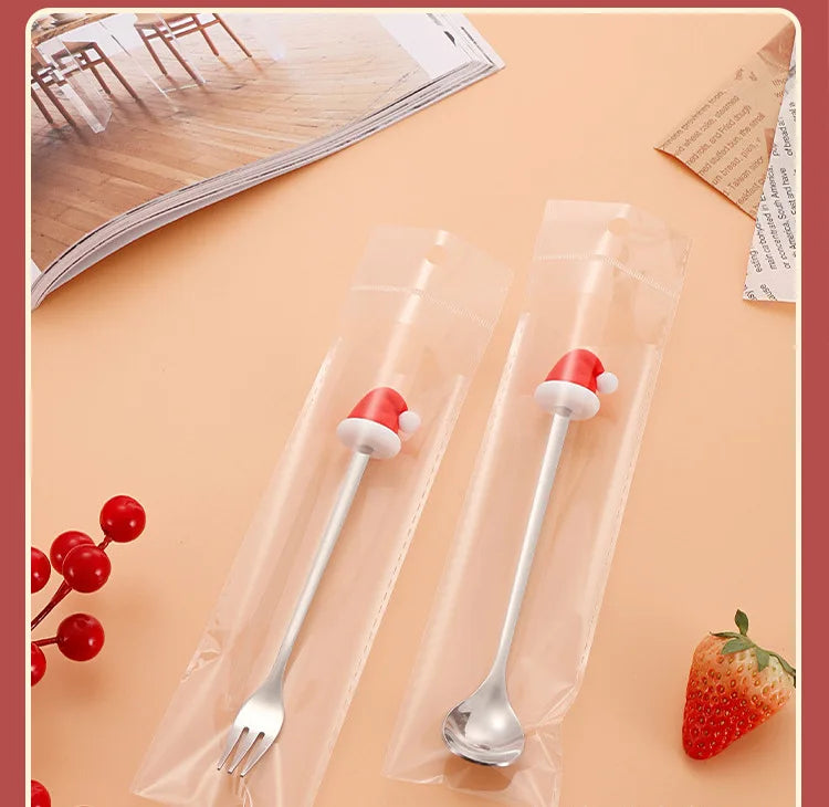 Christmas Tableware Santa Elk Doll Dessert Spoons Fork 2pcs Set One Gift Set Box