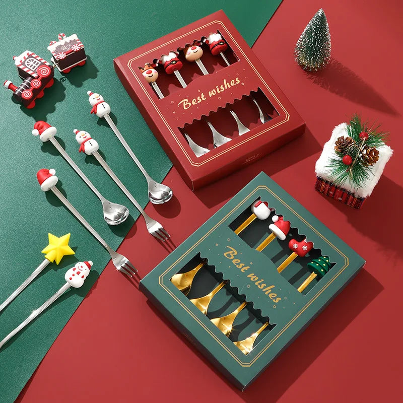 Christmas Tableware Santa Elk Doll Dessert Spoons Fork 2pcs Set One Gift Set Box