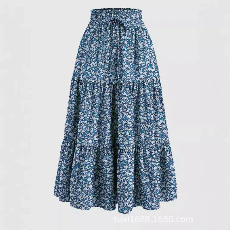 Vintagew Skirts European American Printed Elastic Waistband Empire A Line Bohemian Holiday Fashion Sweet Skirt