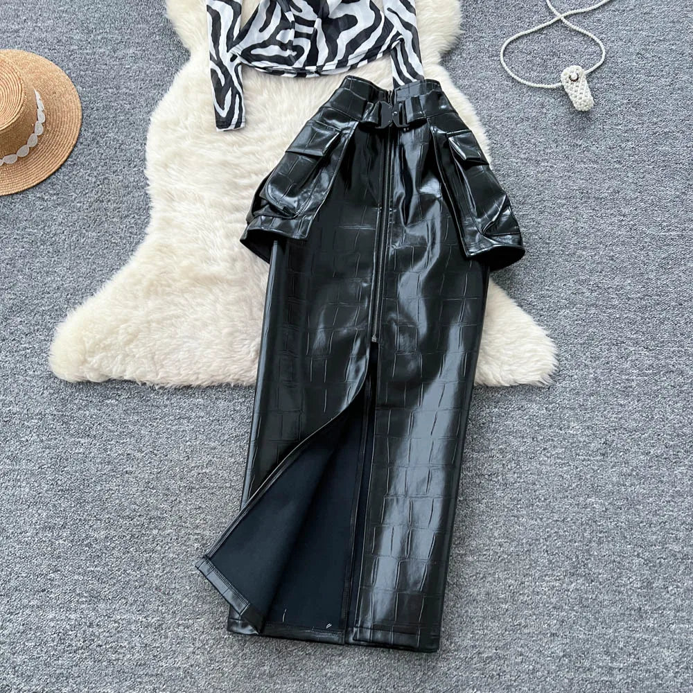 Women's Casual Sets Top And High Waist Patchwork Leopard Mesh Slit Skirts Suit American Clothing Wholesale
