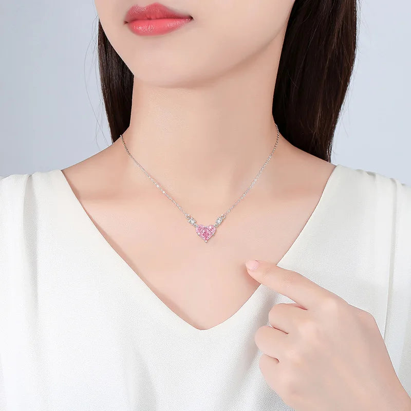 Fine Luxury 925 Sterling Silver Female Ins Wind Heart- Shaped Zircon Necklace Set Pink Diamond Trendy Style for Weddings Parties
