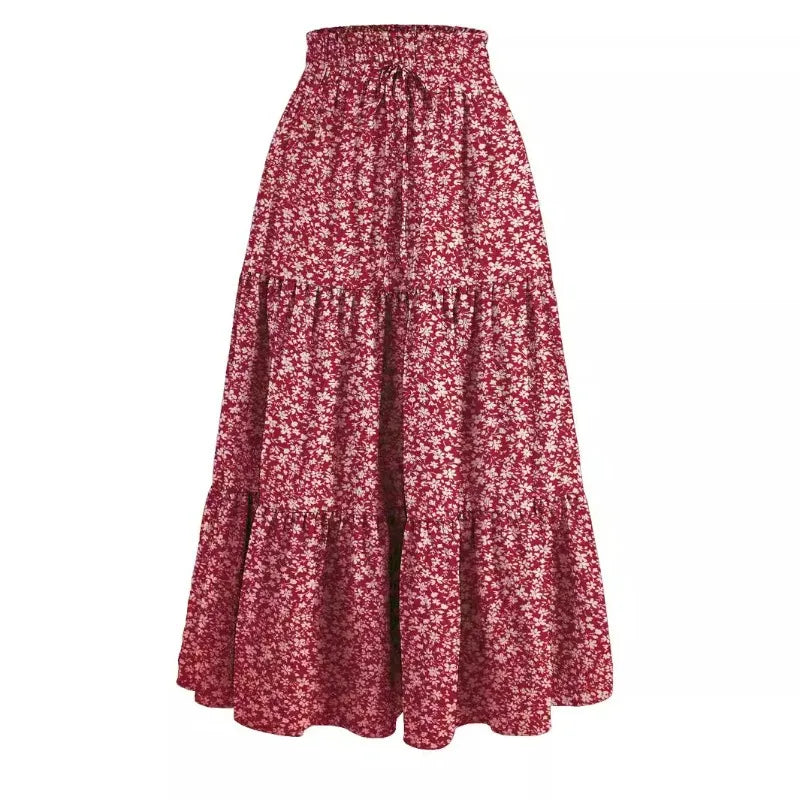 Vintagew Skirts European American Printed Elastic Waistband Empire A Line Bohemian Holiday Fashion Sweet Skirt